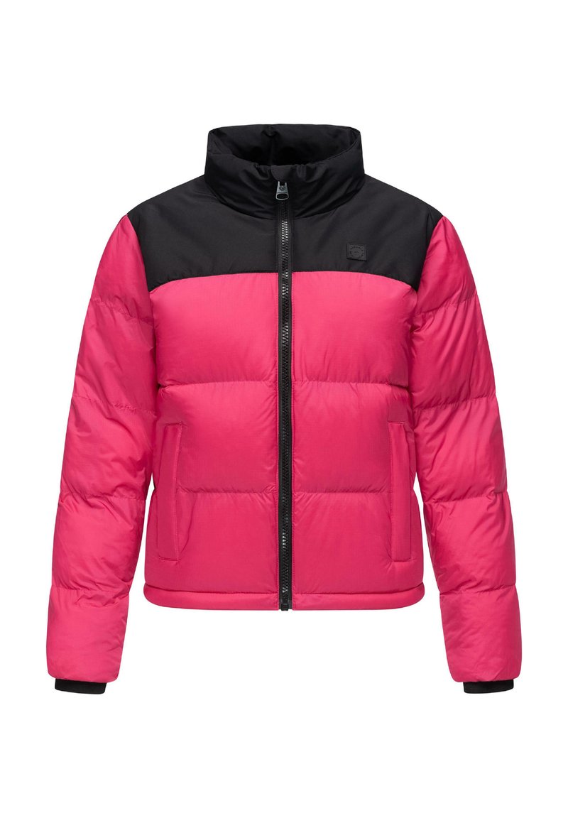 Giacca a vento con corpo rosa vivace e spalle nere. Presenta un colletto alto, zip frontale e tasche laterali. Tessuto morbido.