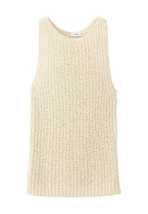 Chaleco de punto sin mangas de color crema con textura acanalada y cuello redondo.