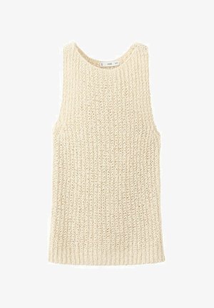 Cream-colored sleeveless knitted sweater vest with a ribbed texture and round neckline.