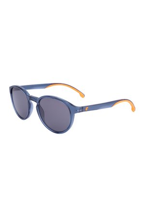 Occhiali da sole con montatura rotonda blu, lenti scure e accenti arancioni sulle aste interne e sulle punte.