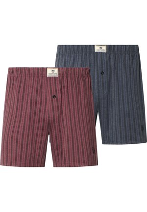 Two pairs of striped cotton boxer shorts, one in burgundy and one in navy blue, each with an elastic waistband and front button.
