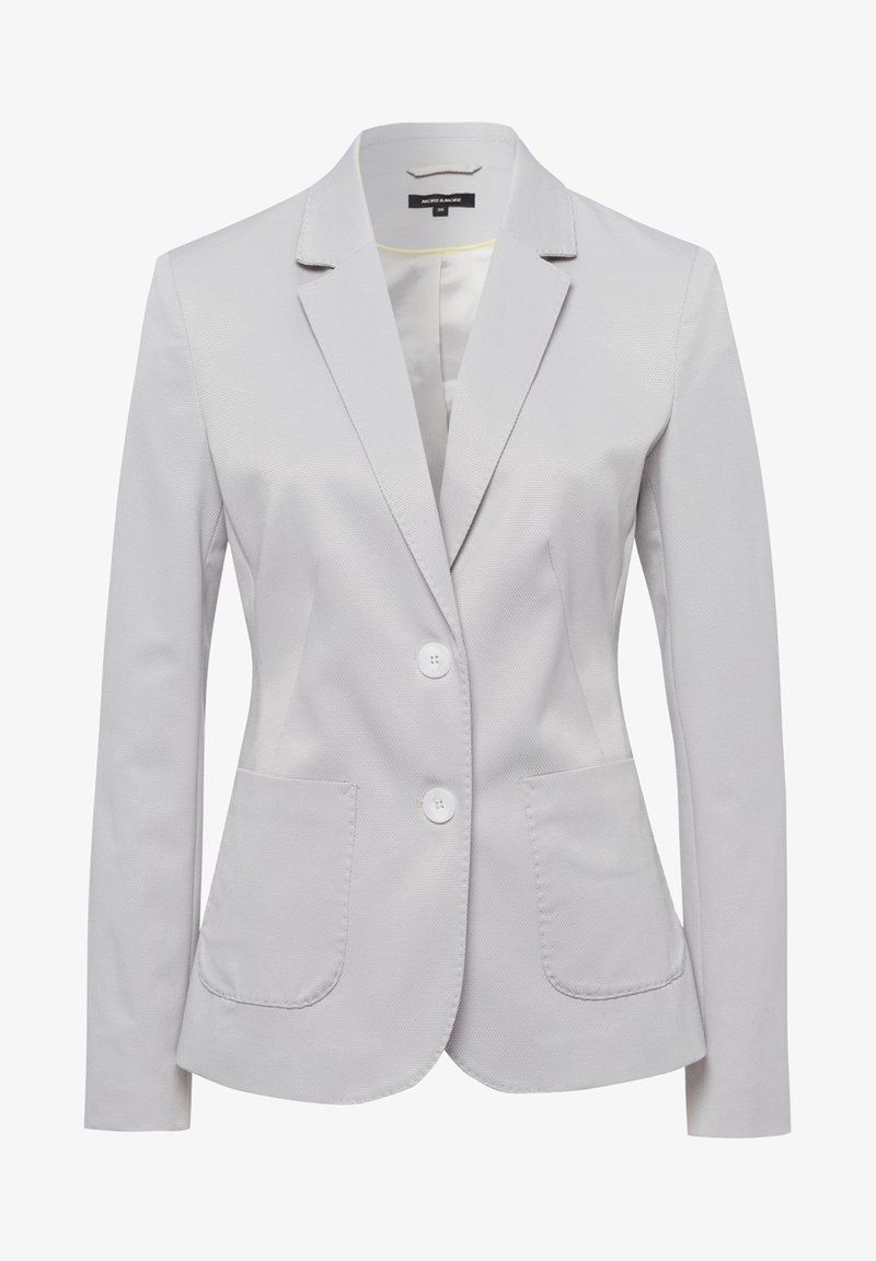 Blazer gris clair en tissu texturé avec revers crantés, deux poches avant et deux boutons blancs. Coupe standard avec manches longues.