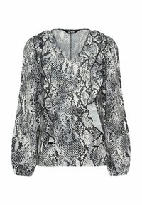 Blusa a stampa serpente bianca e nera con scollatura a V, dettagli in volant lungo il davanti e maniche lunghe a sbuffo. Tessuto leggero.