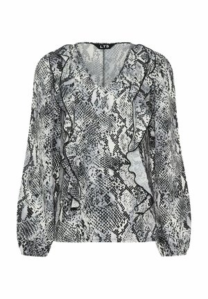 Bluse med slangeprint i sort og hvid med V-hals, flæsedetaljer foran og lange puffærmer. Letvægts stofstruktur.