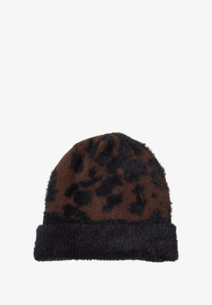 Brown animal print beanie with a soft, textured upper and a black ribbed cuff. The design features fuzzy black spots on a brown background.