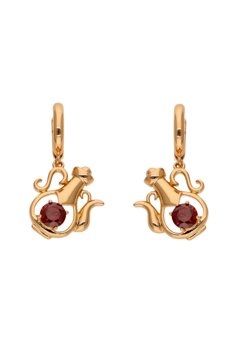 Pendientes en tono dorado con forma de teteras, con una piedra roja en el centro y detalles intrincados en el diseño.