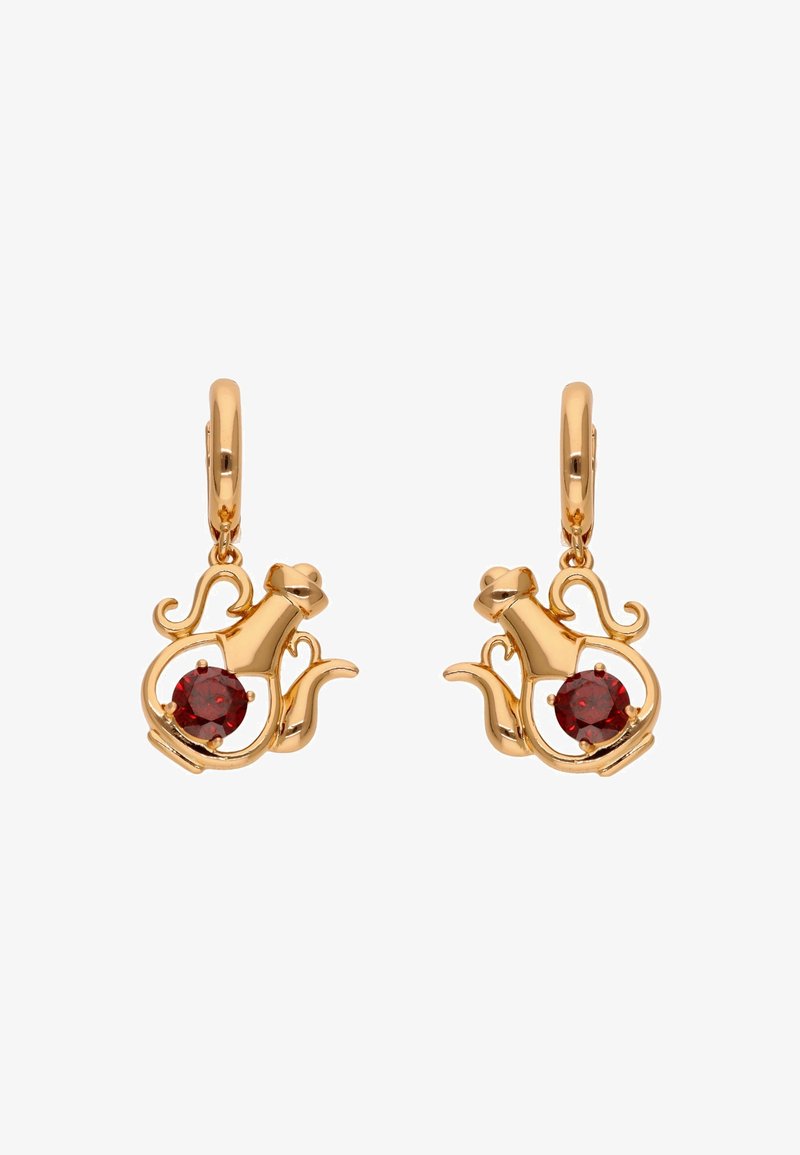 Pendientes en tono dorado con forma de teteras, con una piedra roja en el centro y detalles intrincados en el diseño.