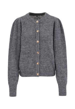 Cardigan tricoté gris avec col rond, manches bouffantes et boutons en bois. La texture est douce avec un motif côtelé.