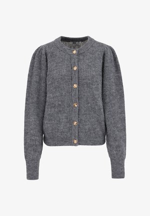 Harmaa neulottu neuletakki, jossa on pyöreä kaula-aukko, puhvimaiset hihat ja puiset napit. Rakenne on pehmeä ja siinä on ribbineuloskuvio.