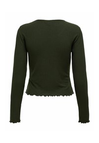 Långärmad, ribbad topp i mörkgrön med rund halsringning och scalloped fåll. Har en åtsittande design och texturerad tyg.