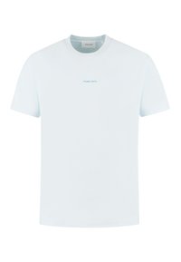  Lichtblauwe katoenen T-shirt met korte mouwen, ronde hals en gecentreerde "PURE PATH" tekst in een iets donkerderblauw. Glad textuur.