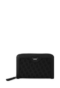 Black wallet featuring a textured design with a geometric pattern, leather accents, a silver hardware logo, and a zip closure.
