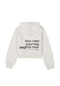 Geknipte grijze hoodie met een trekkoord-capuchon en vetgedrukte zwarte tekst op de achterkant. Zacht materiaal met ribgebreide manchetten en zoom.