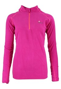 Pull en polaire rose vif avec col montant et zip 1/4. Il possède des manches longues avec des accents orange et un petit logo sur la poitrine.