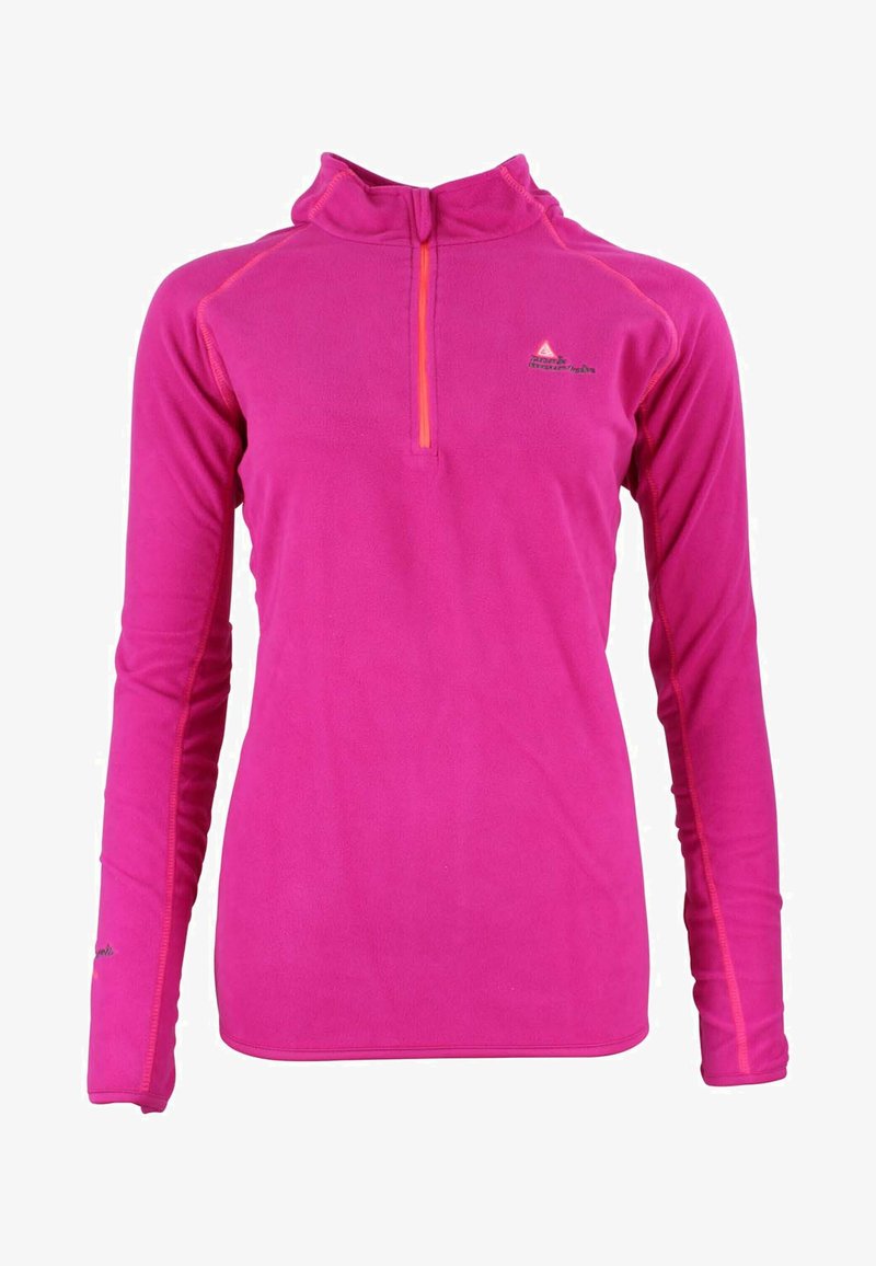 Pull en polaire rose vif avec col montant et zip 1/4. Il possède des manches longues avec des accents orange et un petit logo sur la poitrine.