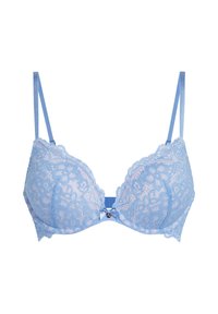 Hellblauer Spitzen-BH mit floralen Mustern, Unterbrust-Bügeln, verstellbaren Trägern und einem mittigen Schleifchen mit einem kleinen dekorativen Edelstein.