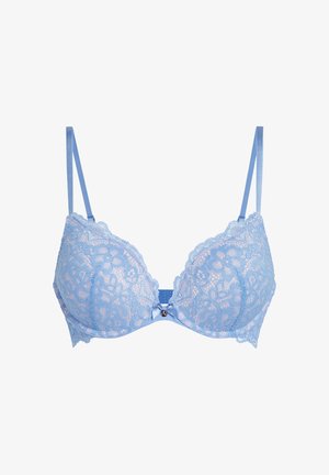 Hellblauer Spitzen-BH mit floralen Mustern, Unterbrust-Bügeln, verstellbaren Trägern und einem mittigen Schleifchen mit einem kleinen dekorativen Edelstein.