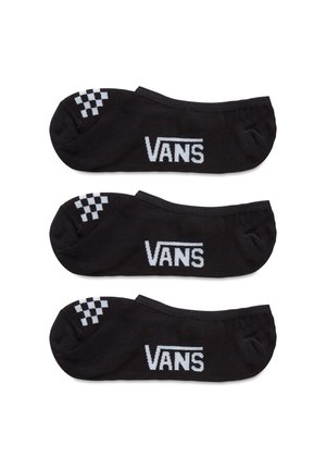 Chaussettes basses noires avec logo "VANS" blanc et motif à damier sur le talon ; tissu doux, design extensible, convenant à un usage décontracté.