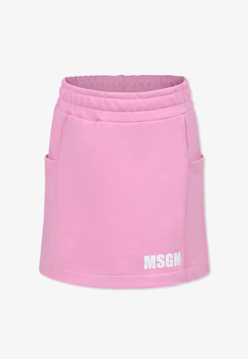 Gonna sportiva rosa con vita elasticizzata, dotata di tasche laterali e di un logo bianco stampato sull'orlo. Texture liscia e design casual.