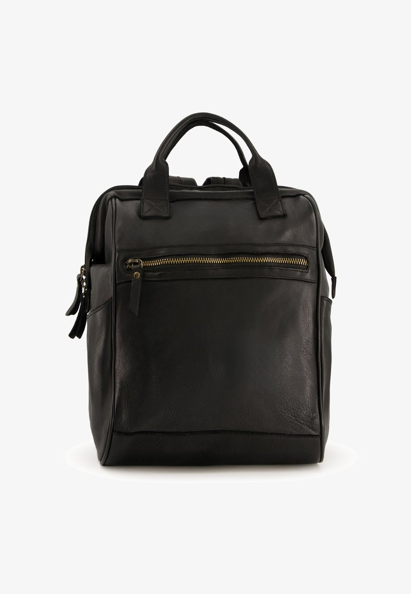 Schwarzer Leder-Rucksack mit strukturiertem Design, doppelten Tragegriffen an der Oberseite und einer Vorderseite mit Reißverschlussfach, das einen goldfarbenen Reißverschluss zur Kontrastierung aufweist.