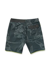 Shorts da bagno da uomo grigio scuro con motivi tropicali bianchi, vita elastica, tasca posteriore e cuciture verdi a contrasto.