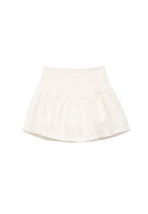 Witte flared rok van textuurstof met een decoratief patroon. Heeft een gladde tailleband en een gelaagde, gerimpelde zoom.