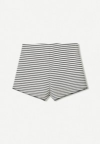 Black and white horizontal striped high-waist shorts with a fitted, structured design displayed on a plain light background.
