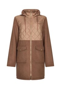 Cappotto marrone con parte superiore trapuntata di un marrone più chiaro, chiusura a zip, cappuccio e due tasche frontali con bottoni decorativi. Texture morbida, design informale.