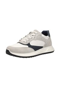 Light gray athletic shoes with a mixture of suede and mesh. Features a white and navy color scheme, padded collar, and rubber outsole.