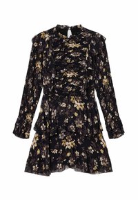 Vestido floral negro con mangas largas, detalles con volantes, cuello alto y falda de múltiples capas. Presenta un cuerpo ceñido con textura fruncida.