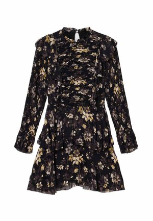 Sort blomsterkjole med lange ærmer, flæsedetaljer, høj halsudskæring og en lagdelt bund. Har en figursyet overdel med rynket tekstur.