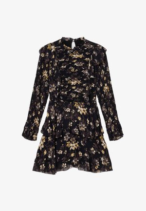 Czarna sukienka w kwiaty z długimi rękawami, falbankami, wysokim dekoltem i warstwowym dołem. Posiada dopasowaną górę z marszczoną fakturą.