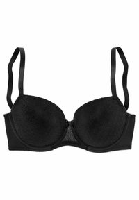 Zwarte beha met beugel, kantene cups met een bloemenpatroon, verstelbare bandjes en een gladde band. Centraal strikje voegt een subtiele versiering toe.