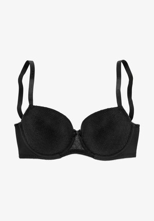 Soutien-gorge noir avec armature, bonnets en dentelle au motif floral, bretelles réglables et bande lisse. Détail de nœud au centre pour une touche d'embellissement subtile.
