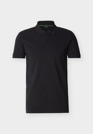 Black short-sleeve polo shirt with collar and two-button placket, featuring a subtle BOSS logo on the chest and green interior neck trim.
