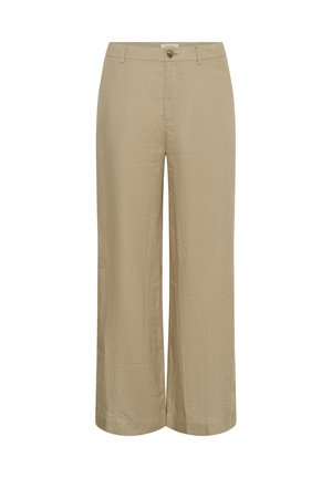 Pantaloni largi din in, bej, cu bucle pentru curea și închidere cu nasture la talie, arătați pe o suprafață plană pe fundal alb.