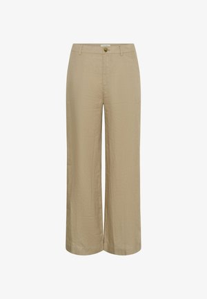 Beige wide-leg linen pants with belt loops and a button closure at the waist, shown flat on a white background.