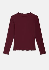 Bordó hosszú ujjú felső, amely texturált bordázott mintával, magas nyakkivágással és rojtos szegéllyel rendelkezik az ujjakon és az alsó szélén.