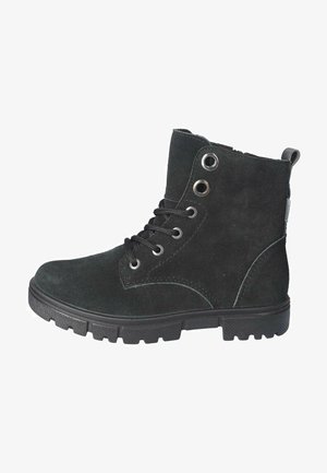 Black suede ankle boot with a textured surface, rubber sole, and six eyelets for laces. Features a pull tab at the heel.