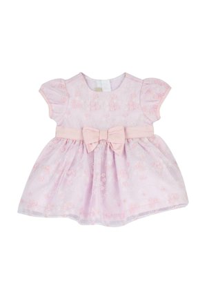 Hellrosa Babykleid mit kurzen Puffärmeln, floralen Stickereien, einem Taillenbund und einer großen Schleife auf der Vorderseite.