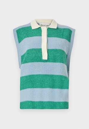 Top de polo sin mangas de punto con franjas alternas en verde y azul claro, con cuello y tapeta de botones en color crema. Tela texturizada.