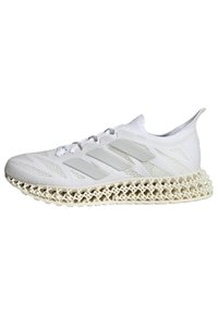 Sneaker bianco con tomaia in mesh traspirante, tre righe testurizzate e una suola intermedia distintiva in stile lattice.