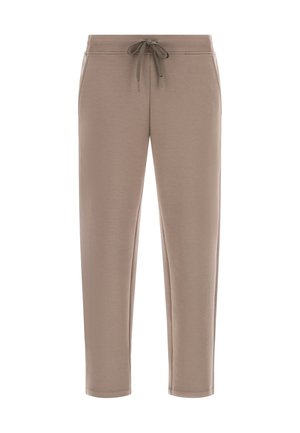 Pantaloni della tuta beige realizzati in tessuto morbido, con vita regolabile tramite coulisse, gambe affusolate e senza motivi o decorazioni visibili.