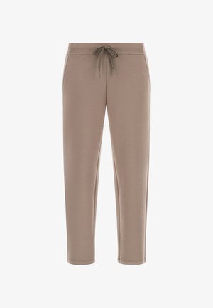 Pantalons de survêtement beiges en tissu doux, dotés d'une taille à cordon de serrage, de jambes fuselées et sans motifs ni accents visibles.