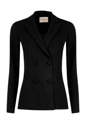 Blazer nero doppiopetto con rever a lancia, maniche lunghe e due tasche frontali. Tessuto morbido con una texture liscia.