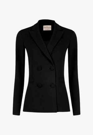 Blazer nero doppiopetto con rever a lancia, maniche lunghe e due tasche frontali. Tessuto morbido con una texture liscia.