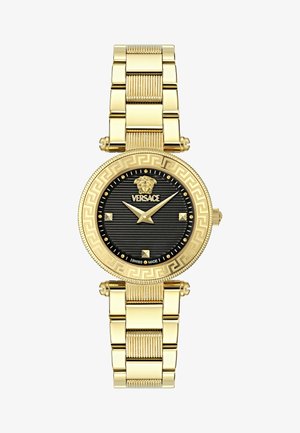 Orologio da polso in oro Versace con quadrante nero, logo Medusa, indici delle ore dorati e lunetta decorata, dotato di bracciale metallico a maglie.