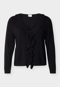 Cardigan noir à manches longues, col en V, avec un bord volanté le long de l'encolure et au centre. Se ferme par un lien à la taille.