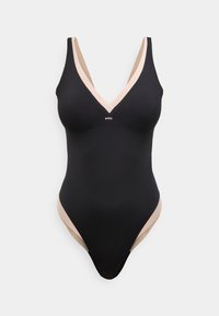 Must ujumistrikoo, millel on sügav V-kaelus ja kontrastne hele roosa ääreliistud. Omaduseks on sujuv disain ja sile tekstuur, mis sobib ideaalselt ujumiseks.