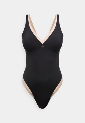 Costum de baie negru cu decolteu adânc în V și margini contrastante roz deschis. Prezintă un design elegant și o textură netedă, ideal pentru înot.